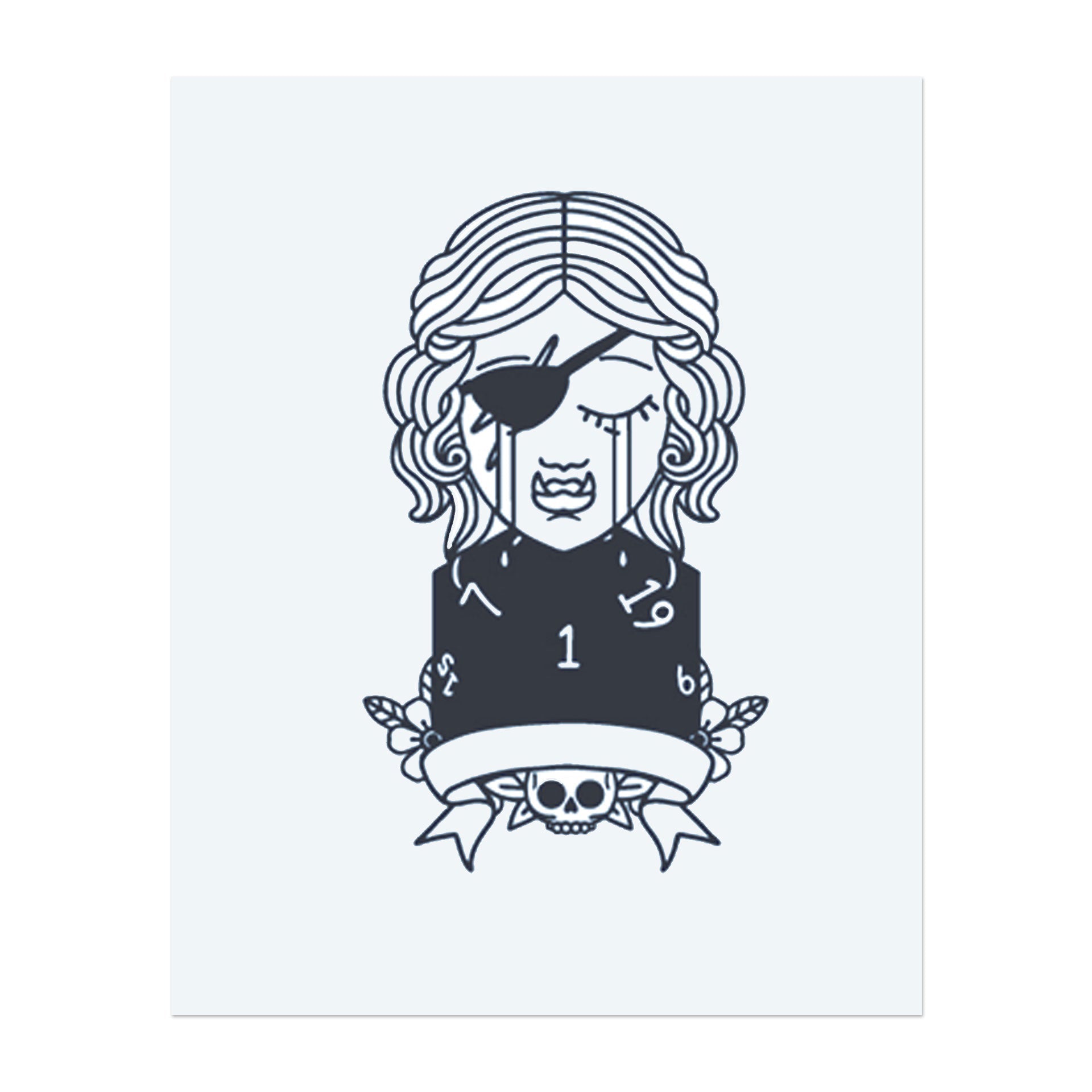 Eine Piratenfrau mit Augenklappe, die Tränen aus Zahlen weint, ihr Gesicht voller Emotionen. Unter ihr ruht ein Totenschädel mit einem Banner. Dieses Tattoo repräsentiert Verlust, Schicksal und die Komplexität der Herausforderungen des Lebens, perfekt für diejenigen, die Resilienz umarmen.