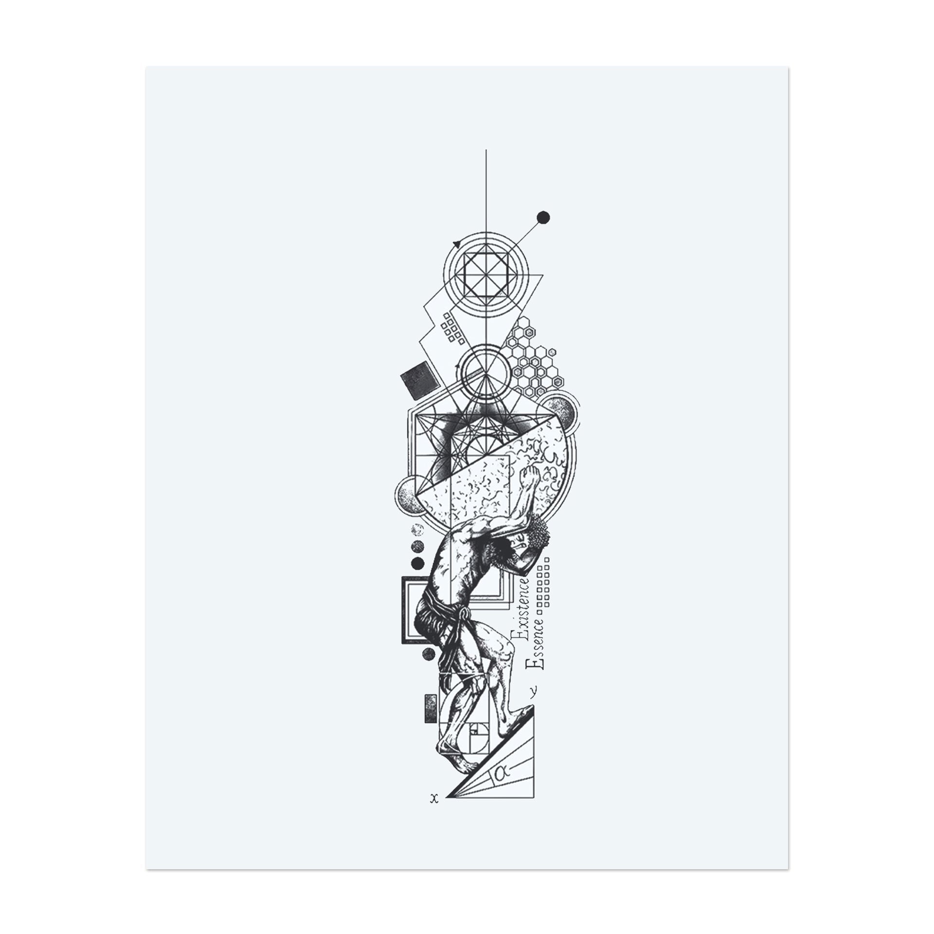 Une figure musclée pousse une sphère texturée vers le haut, entourée de formes géométriques complexes, de symboles mathématiques et d'éléments abstraits. Ce tatouage temporaire combine l'anatomie classique avec la précision scientifique et symbolise la lutte pour la connaissance, l'ordre et l'endurance humaine.</span></p>
