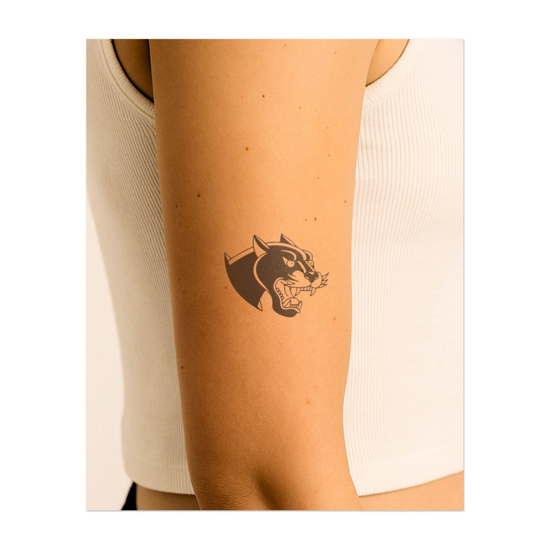 Une panthère élancée aux dents découvertes, dégageant agressivité et furtivité. Ce tatouage symbolise l'agilité, l'indépendance et la puissance, parfait pour ceux qui admirent la panthère dans sa grâce et son esprit indompté.