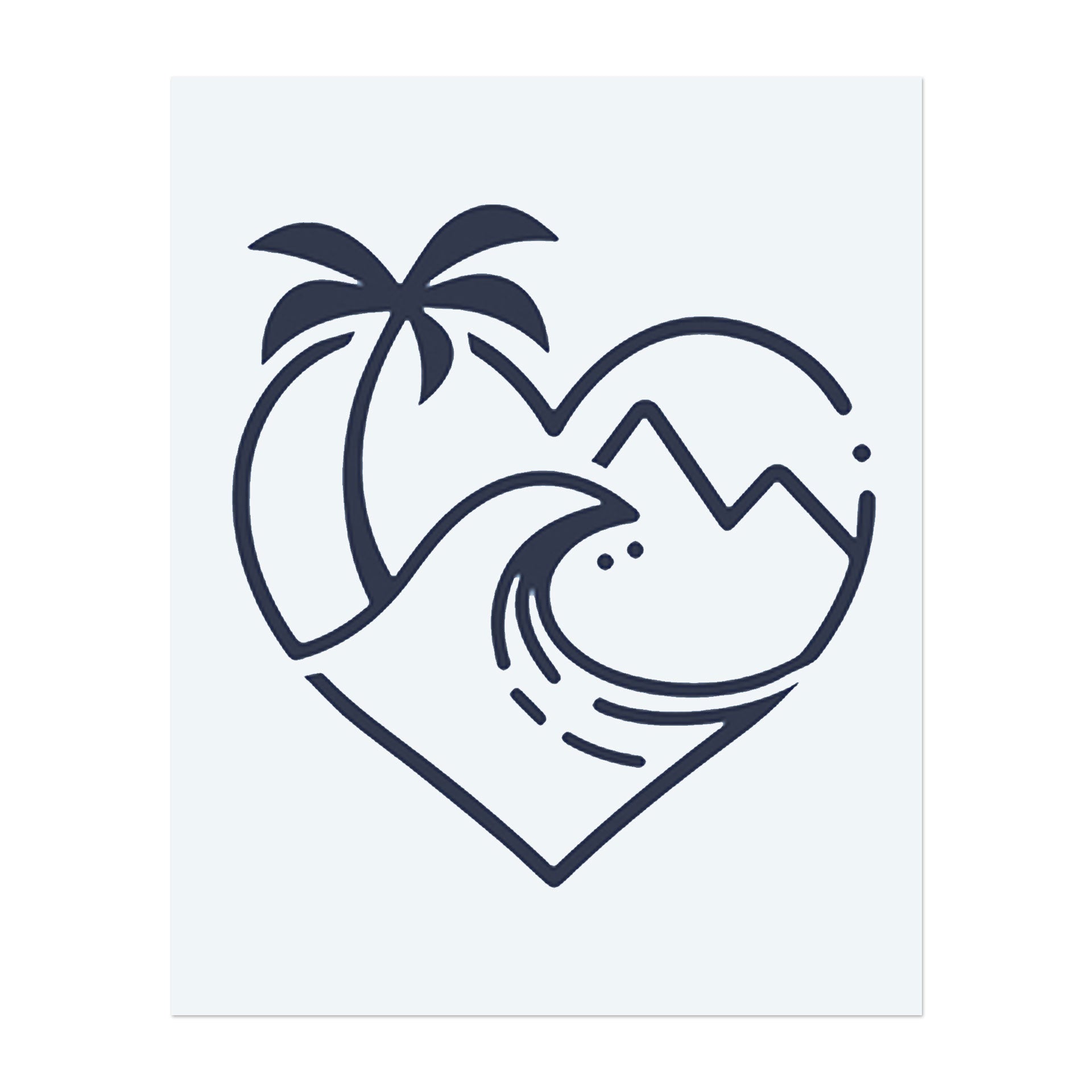Ein Herz, das von einer Welle, Bergen und einer Palme gebildet wird, symbolisiert die Liebe zur Natur, Abenteuer und Ruhe. Dieses Tattoo repräsentiert die friedliche, aber aufregende Verbindung zum Meer und die Schönheit des Insel-Lebens.