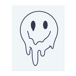 Ein schmelzendes, cartoonhaftes Smiley-Gesicht. Es repräsentiert einen verzerrten oder surrealen Ausdruck von Glück. Ein einfaches, aber markantes Design mit einem Hauch von Fantasie.