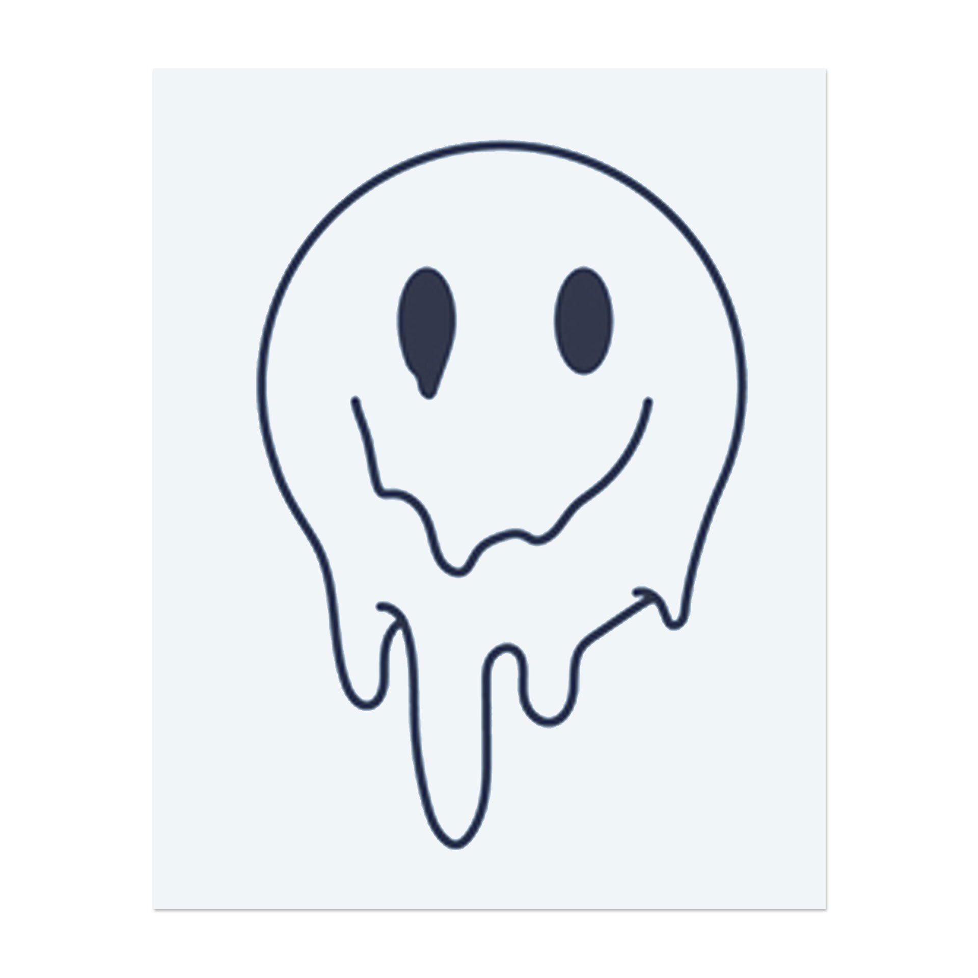 Ein schmelzendes, cartoonhaftes Smiley-Gesicht. Es repräsentiert einen verzerrten oder surrealen Ausdruck von Glück. Ein einfaches, aber markantes Design mit einem Hauch von Fantasie.