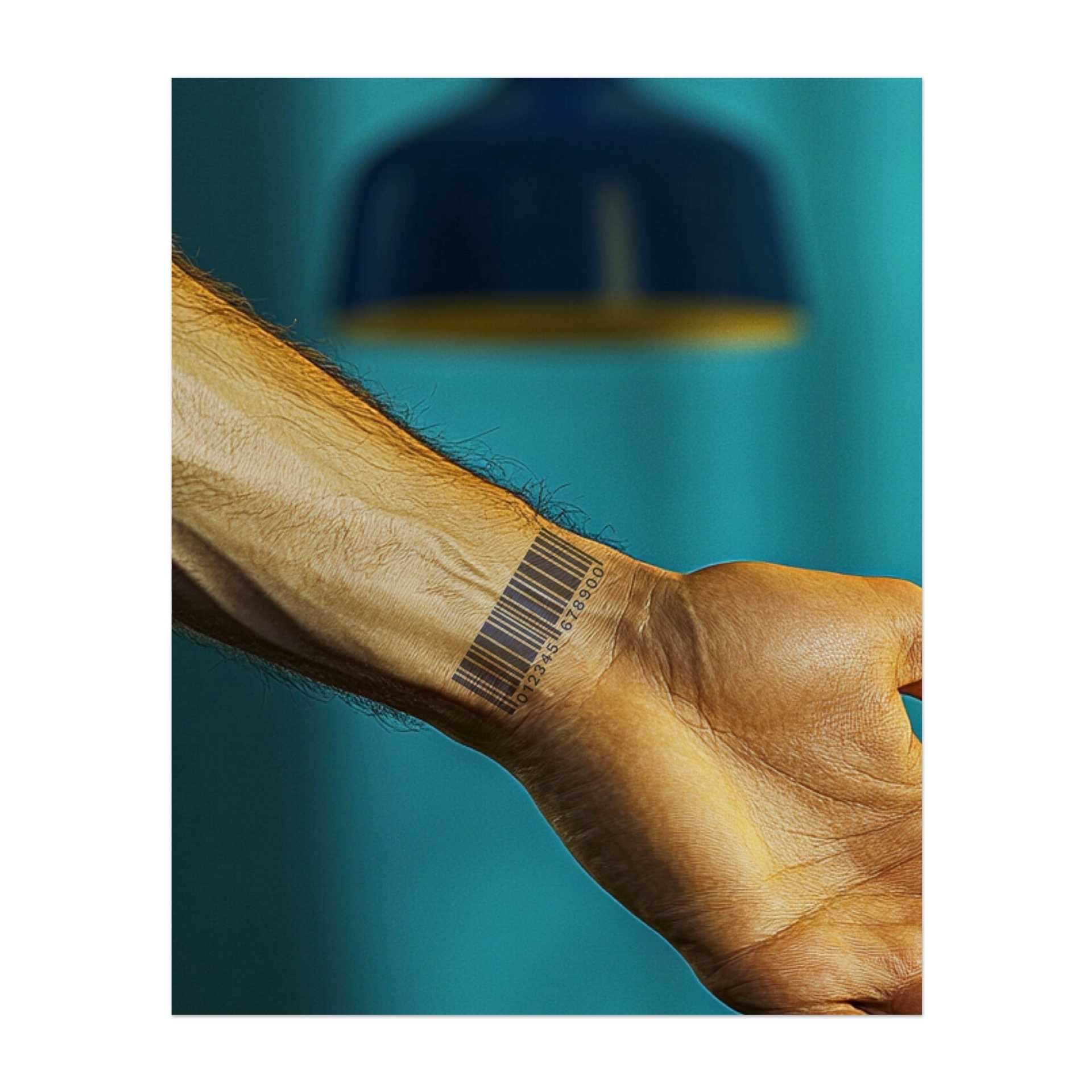 Ein standardmäßiger Barcode mit Zahlen. Er repräsentiert Identität, modernes Leben oder eine Aussage zum Konsumismus.