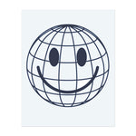 Ein Globus mit einem Smiley-Gesicht. Es repräsentiert globale Freude, Optimismus oder eine positive Sicht auf die Welt.