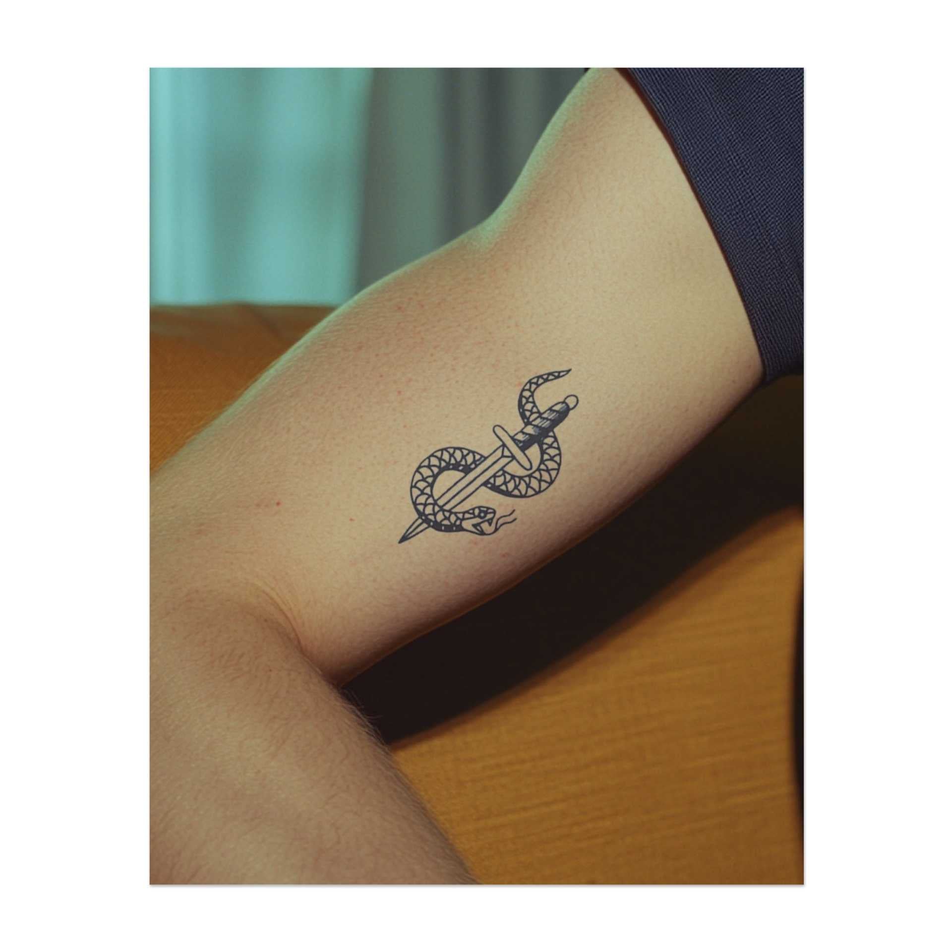 Un serpent enroulé autour d'un poignard. Il représente le danger, la protection ou une lutte entre des forces opposées.