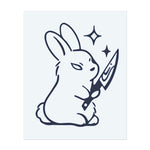 Un lapin tenant un couteau, entouré d'étoiles. Il symbolise un danger inattendu, une tournure ludique de violence ou un symbole de dualité.